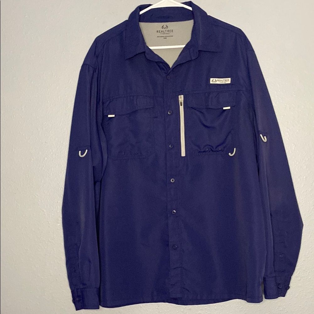 Realtree Fishing Button Up Utility Navy Purple Long Sleeve Vented Shirt Size XL